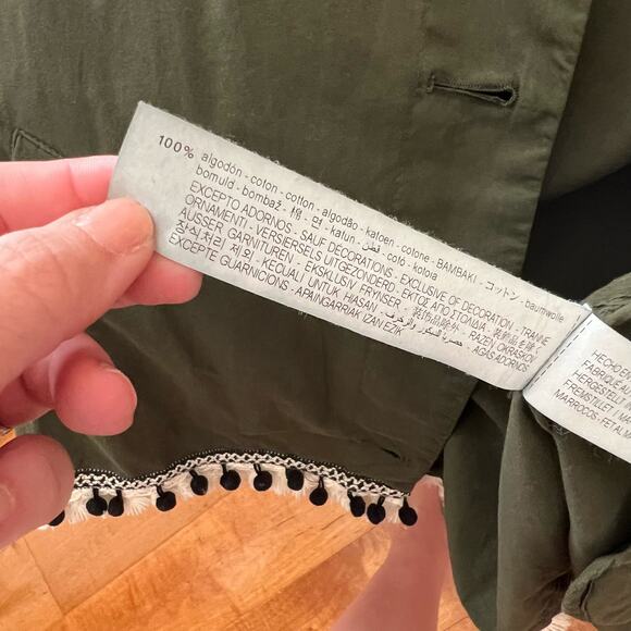 Zara Olive Army Green Twill Pom Pom 3/4 Sleeve Lightweight Jacket, XS - Picture 7 of 7